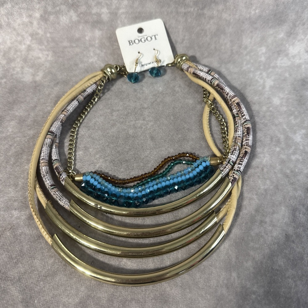 Bigot Necklace Layered Blue Brown Earrings Gold Tone Accents